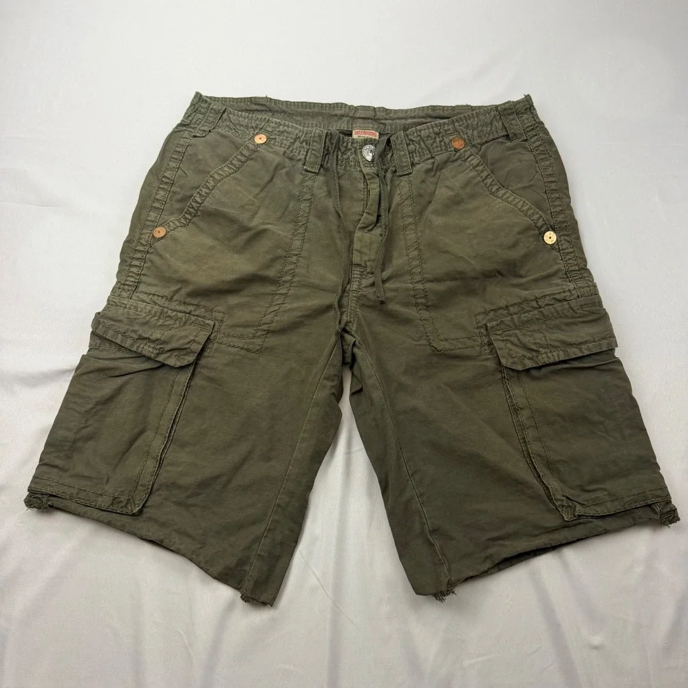 True Religion Cargo Shorts Mens 36 Green Horseshoe Stitch Drawstring Cotton